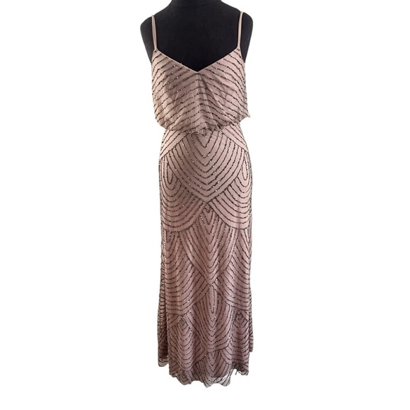 Adrianna Papell Women's Long Beaded Art Deco Blouson Gown Taupe/Pink Size 4 - Picture 10 of 16